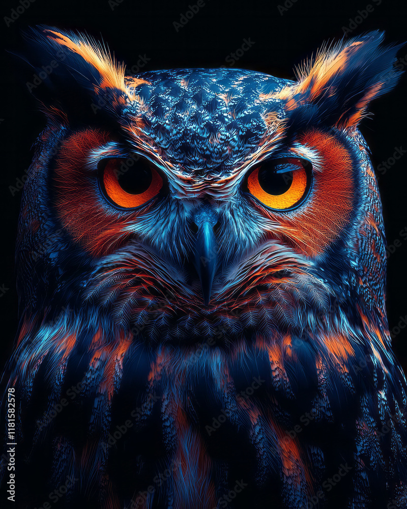 Poster an artistic representation of an owl with bright neon plumage and piercing eyes, placed on a minimal