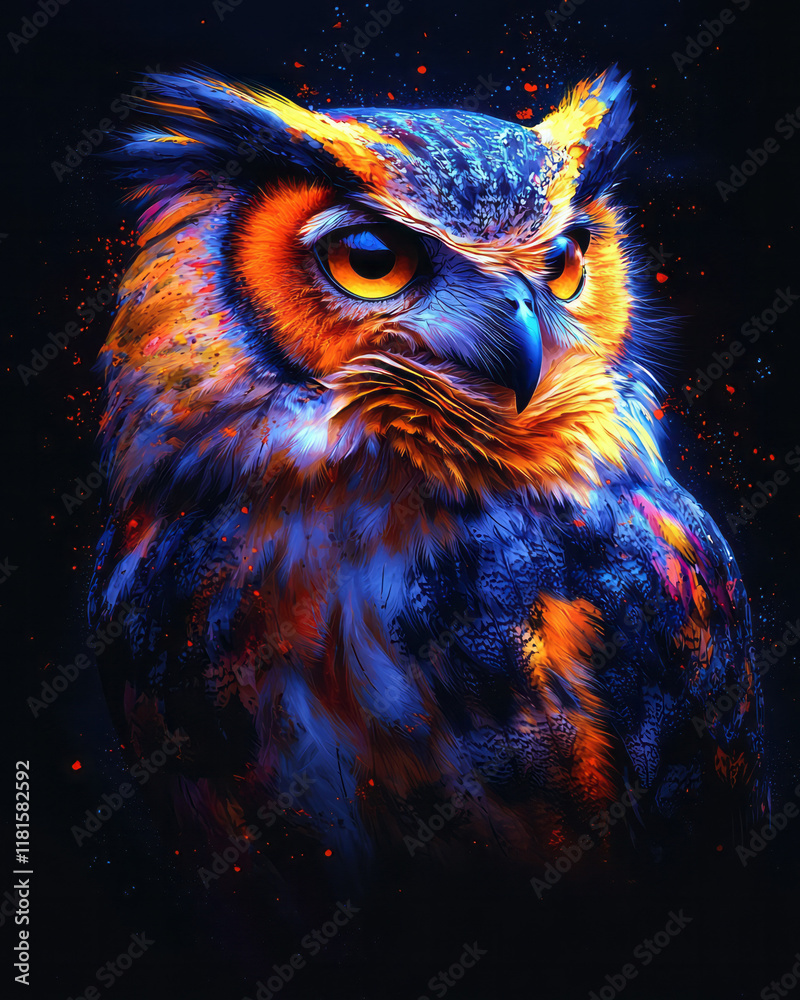 Poster an artistic representation of an owl with bright neon plumage and piercing eyes, placed on a minimal
