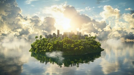A small urbanized island wrapped in lush vegetation, framed by dramatic clouds in the sky