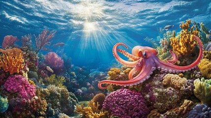 Fototapeta na wymiar Pink octopus in vibrant coral reef, sunlit ocean scene.