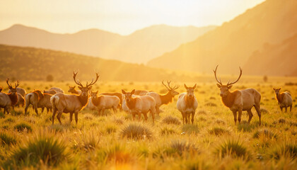 Fototapeta premium Elk herd grazing in golden meadow at sunrise, nature's tranquility