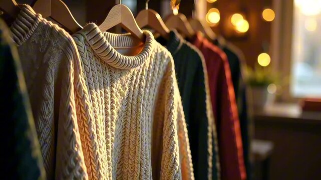 sweaters hanging on hangers in a store, illuminated by sunlight concept of retail fashion, clothing display, natural light
