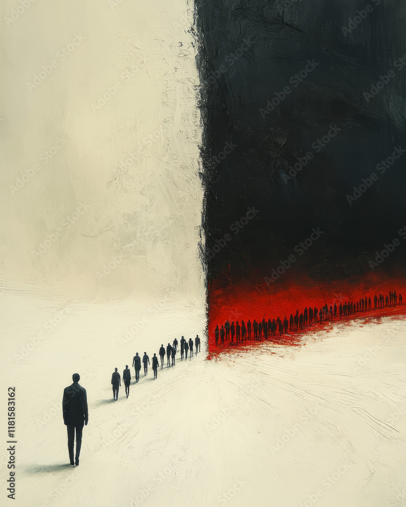 Poster An artistic representation of a split road with symbolic choices, featuring a lone figure diverging from the crowd, placed on a minimalistic plain beige background,,