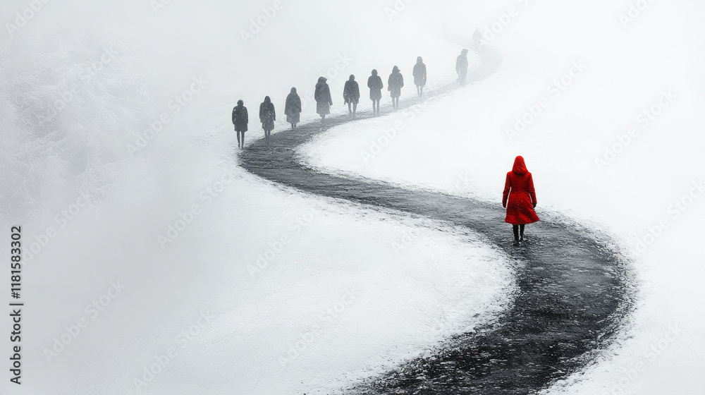 Poster A conceptual image of a forked path with a group of people walking in one direction and a single person choosing the opposite, displayed on a plain white background,,