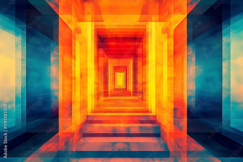 Fototapete abstract symmetrical tunnel design in fiery colors featuring geometric shapes and vivid artistic ele