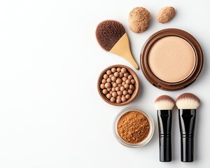 Cosmetics arrangement on a clean white backdrop.