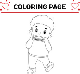 cute african boy plays harmonica seriously coloring page for kids