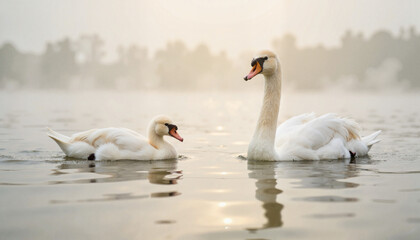 Obraz premium Graceful mute swans swimming on misty lake at dawn, natural elegance