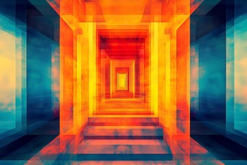 Fototapeta premium Abstract Symmetrical Tunnel Design in Fiery Colors Featuring Geometric Shapes and Vivid Artistic Elements : Generative AI