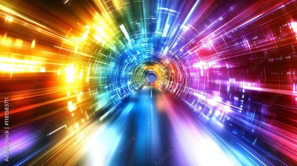 Poster dazzling futuristic tunnel with a rainbow of light streaks blending into a digital dreamscape : gene