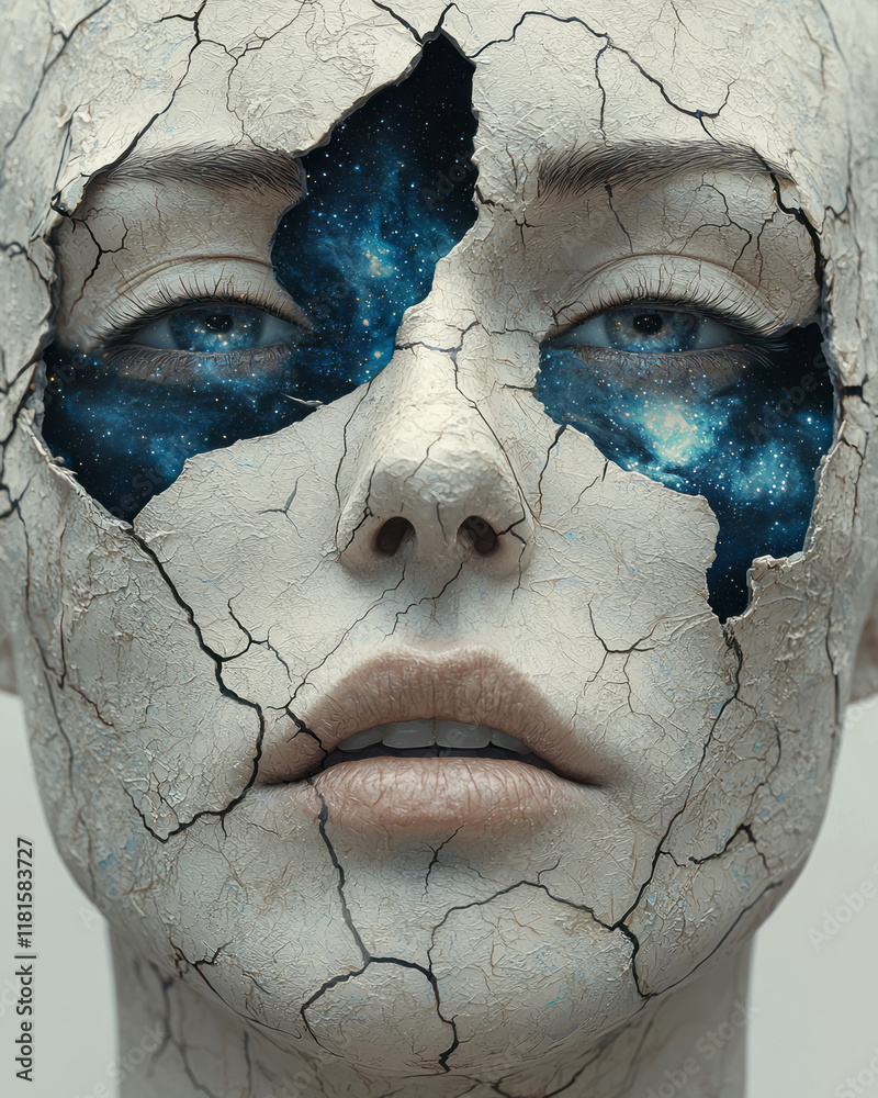 Aufkleber an artistic depiction of a broken face mask with a cosmic universe and stars visible inside, isolate