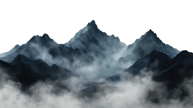 Mystical mountain range covered in fog, dramatic peaks and misty landscape with moody atmospheric design perfect for fantasy and nature themes isolated on transparent background