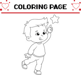 boy is trying reaching touching bright star coloring page for kids