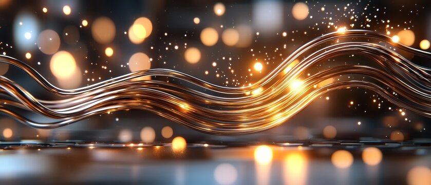 Abstract Golden Waves Luxury Metallic Flowing Lines with Glowing Lights Background