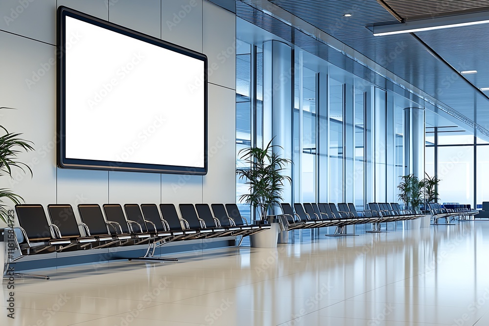Aufkleber spacious airport terminal lounge with large window panels and seating : generative ai