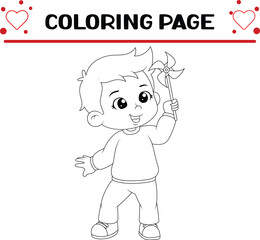 little boy is holding paper pinwheels coloring page for kids