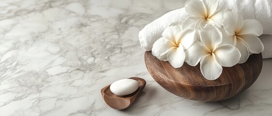 A serene arrangement of white flowers in a wooden bowl, accompanied by smooth stones, set against a marble background, evoking tranquility and relaxation.