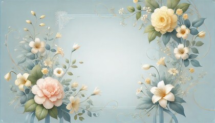Ornate Floral Frame with Delicate Blossoms on Light Blue Background