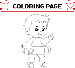 boy is waving hand wearing swimming tire coloring page for kids