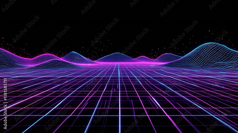 Poster futuristic abstract grid landscape with neon waves and starry sky : generative ai