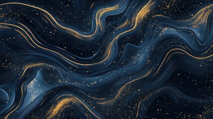 Abstract Dark Blue Flowing Waves with Golden Sparkles Background.