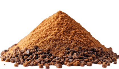 Pile of fine brown sugar in close-up view, showing granular texture, ideal for baking, cooking, and sweetening food or beverages isolated on transparent background