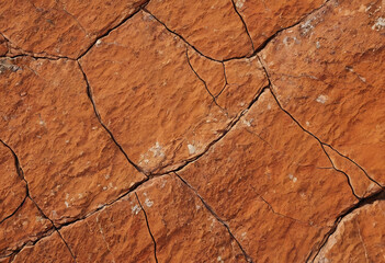 Close-up of cracked, dry, red earth or clay texture. Ideal for backgrounds, design elements, or representing natural, arid environments.

