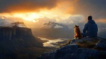 Obraz premium Man & Dog Enjoy Sunset Over Mountain Valley Peacefully & Calmly