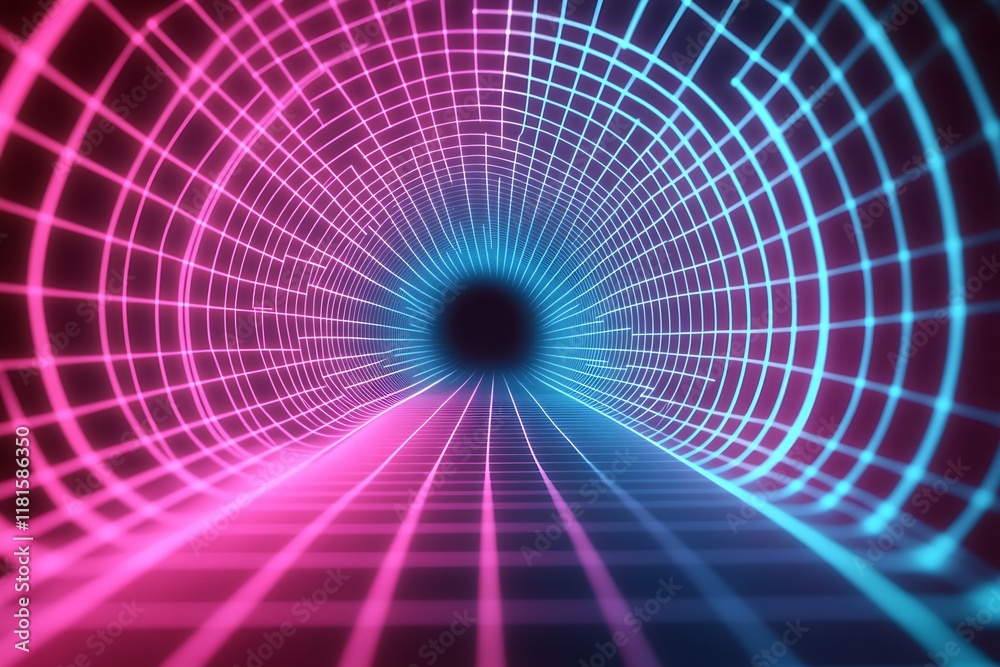 Poster abstract geometric tunnel of pink and blue neon lights with futuristic design elements : generative 