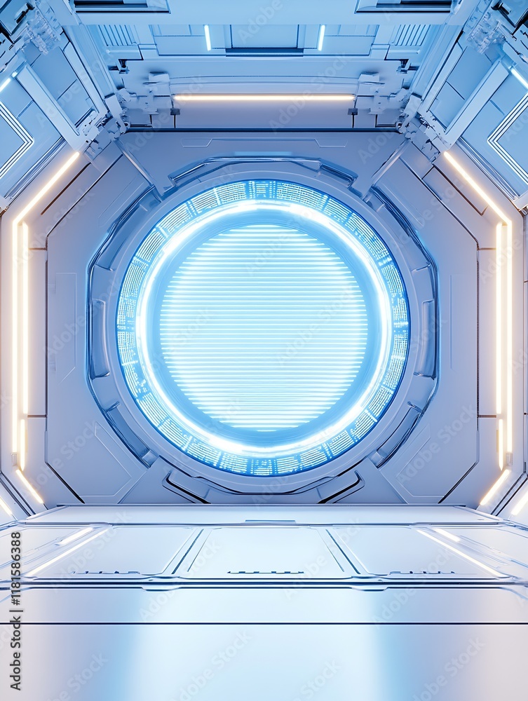 Poster Space Travel Portal Window with Blue Neon Illumination in Sci-Fi Environment : Generative AI