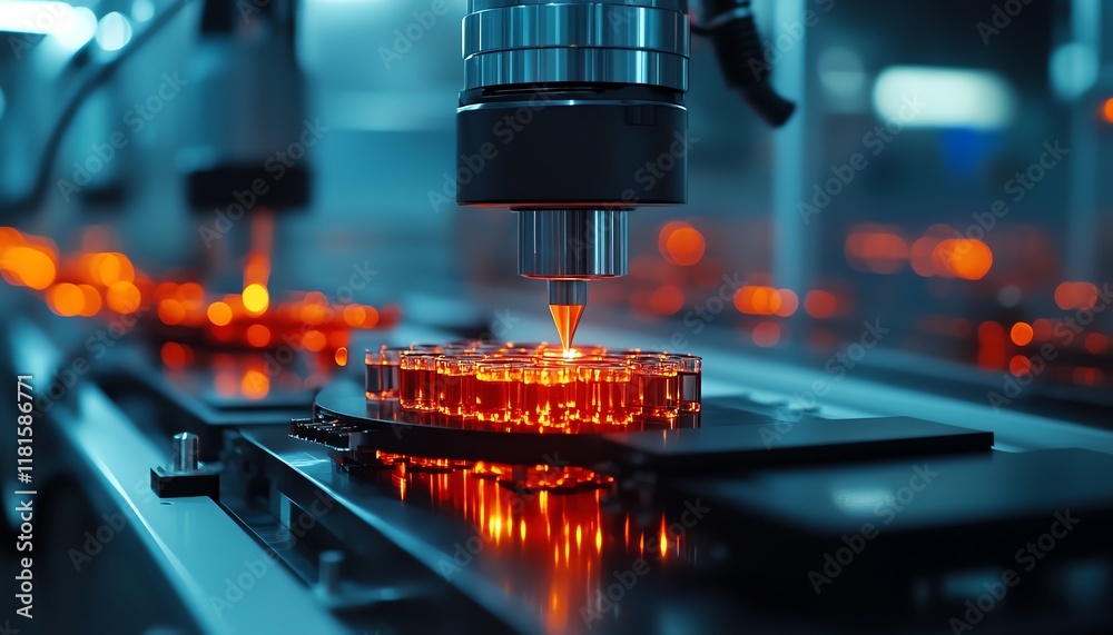 Poster Automated production line in a stateoftheart factory, featuring digital interfaces, futuristic robotics, and advanced technology for seamless production