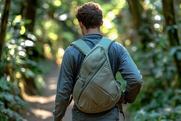 A person walks along a lush, green trail in the forest, wearing a backpack, surrounded by dense foliage and natural beauty.
