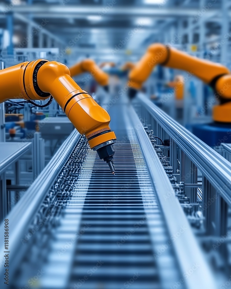 Aufkleber Automated production line in a futuristic factory, featuring digital interfaces, robotic arms, and hightech machinery for precision and innovation
