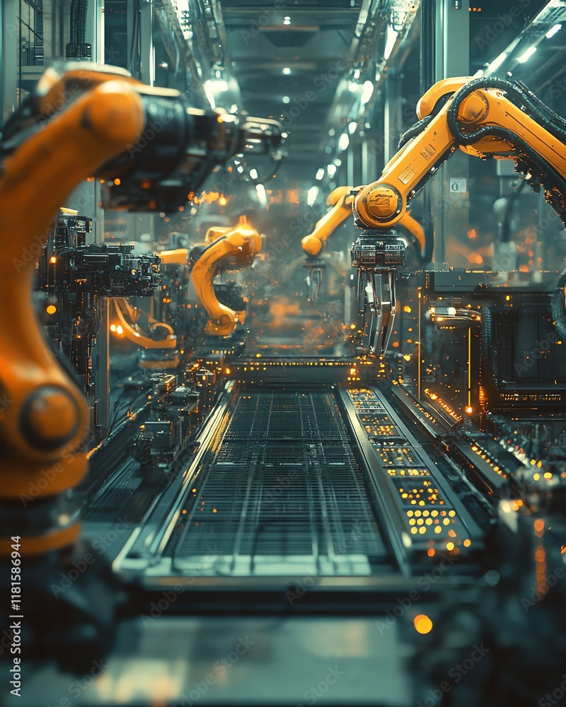 Aufkleber automated production line in a futuristic factory, featuring digital interfaces, robotic arms, and h