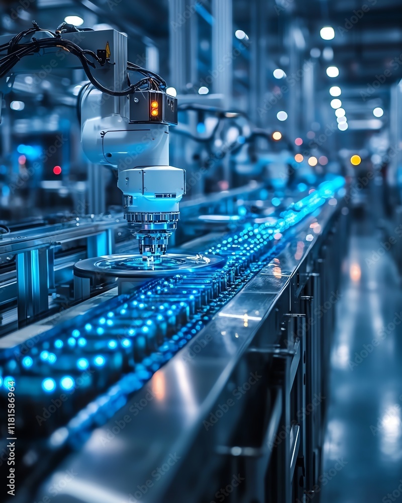 Aufkleber Automated production line in a futuristic factory, featuring digital interfaces, robotic arms, and hightech machinery for precision and innovation