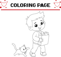 cat is running with young boy coloring page for kids