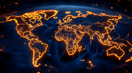 World Map Glows with Continents, Countries, and Global Connections