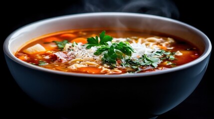 A steaming bowl of vibrant soup garnished with herbs, showcasing rich colors and textures against a dark background.