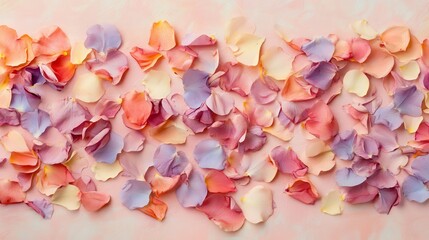 Elegant Flat Lay of Rose Petals in Pastel Shades on Textured Background.