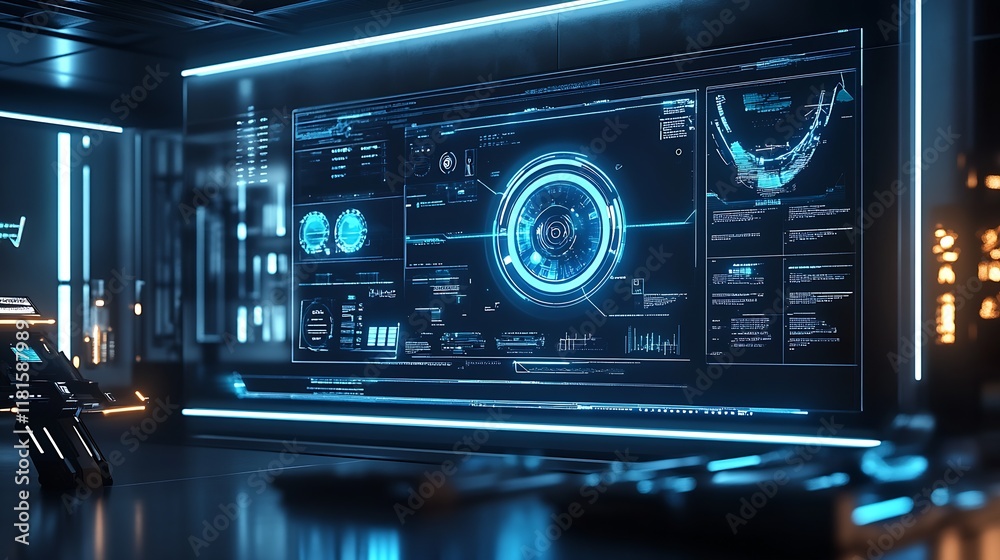 Poster Futuristic High Tech Interface with Digital Display in Neon Blue and Black Panel : Generative AI