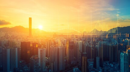 Fototapeta premium Golden Hour Cityscape Stock Market Overlay, Aerial View, Urban Development, Hong Kong Skyline Keywords cityscape, stock market