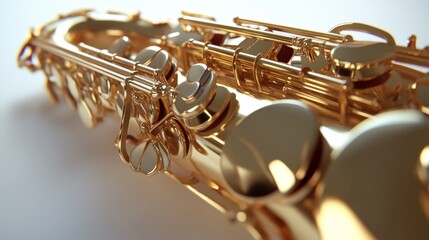 Obraz premium Golden Saxophone Close-up 3D Render, Musical Instrument Detail, Gleaming Brass Texture, Saxophone Keys, Jazz Music Concept Saxophone, 3D render