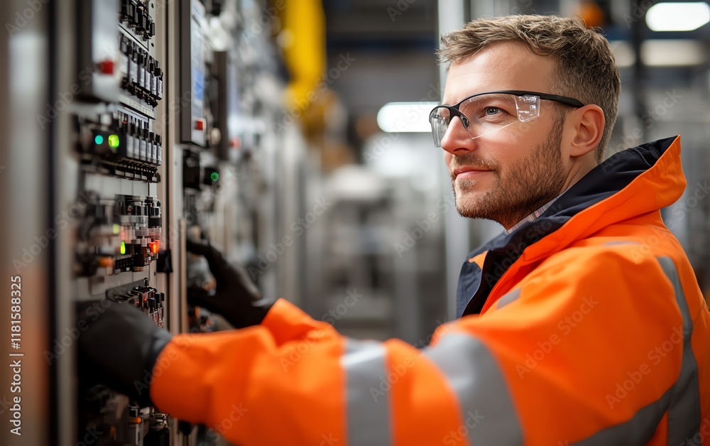 Fototapete engineer in a highvisibility jacket and safety gear, operating a control panel in a modern factory, 
