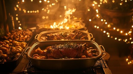 Fototapeta premium Roasted Meat with Potatoes and Festive Lights Warm, Golden Tone, Close-Up Composition, Culinary Photography, Food Styling Culinary Photography, Food Styling
