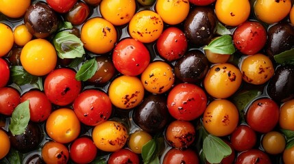 Vibrant mix of various cherry tomatoes with fresh basil leaves, creating a colorful and appetizing display.
