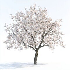 Fototapeta premium Beautiful blooming tree with white flowers against a minimalistic white background representing spring and renewal