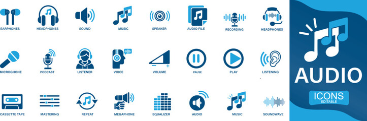 Audio icon set headphones, sound, music, volume, earphones, You can easily change the color.