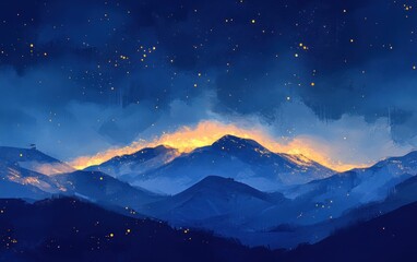 Mystical Mountain Range at Dusk with Glowing Lights and Starry Sky, Digital Painting.