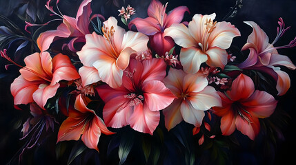 Obraz premium Pink and White Lilies Bloom Beautifully in the Dark Background