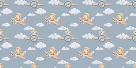 Seamless watercolor pattern with cute baby bear pilot in clouds in neutral colors on dark blue backdrop. Animal on airplane, hand drawn illustration on white repeat background